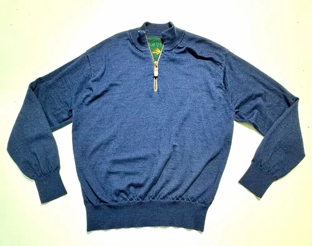 Orvis Blue 1/4 Zip Mock Neck Wool Pullover Sweater Solid Logo XL